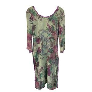 Vtg Bohemian Long Silky Fairy Tunic Top Handmade Green Floral Ethereal Romantic